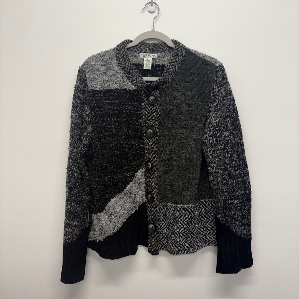 Orvis Patchwork Boucle Knit Cardigan Sweater Womens Size XL Button Front NWOT